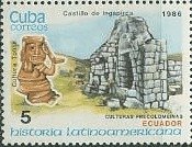 Colnect-1060-745-Tolita-statue-and-Ingapirca-fort-Ecuador.jpg