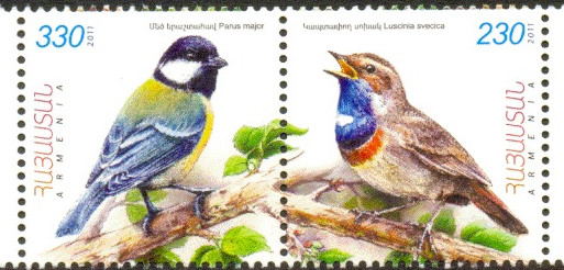 Colnect-1750-082-Pair-Luscinia-svecica-and-Parus-major.jpg