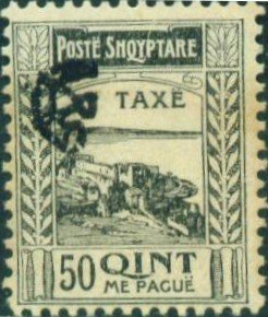 Colnect-1546-989-Fortress-at-Shkod%C3%ABr-with-%E2%80%ADPost-Horn-Overprinted-in-Black.jpg