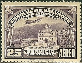 Colnect-1720-281-Plane-over-the-Church-of-Panchimalco.jpg