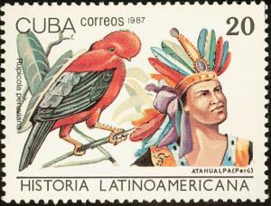 Colnect-2133-186-Atahualpa-Indian-of-Peru-Cock-of-the-Rock-Rupicola-peruvia.jpg