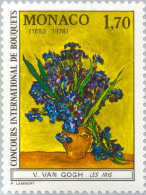 Colnect-148-635-Vase-with-Irises-against-yellow-background.jpg