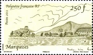 Colnect-1312-913-View-from-Taiohae-on-Nuku-Hiva-drawing-from-1840.jpg