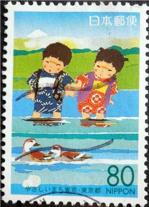 Colnect-2446-305-Children--s-feet-in-the-water-and-ducks.jpg