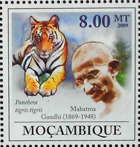 Colnect-1380-784-Gandhi-with-a-Tiger-Panthera-tigris.jpg