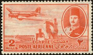 Colnect-4423-962-Aircraft-DC-3-Dakota-over-Nile-Dam---King-Farouk.jpg