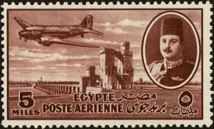 Colnect-4423-979-Aircraft-DC-3-Dakota-over-Nile-Dam---King-Farouk.jpg