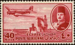 Colnect-4465-309-Aircraft-DC-3-Dakota-over-Nile-Dam---King-Farouk.jpg