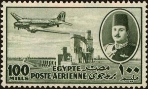 Colnect-4465-318-Aircraft-DC-3-Dakota-over-Nile-Dam---King-Farouk.jpg