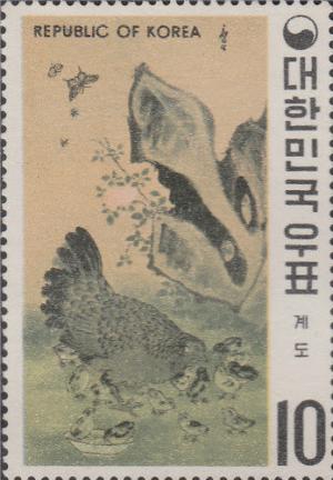 Colnect-2722-311-Cock-Hens-and-Chick-by-Pyun-Sang-byuk.jpg