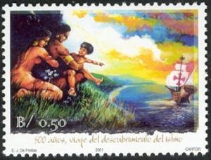 Colnect-1291-154-Natives-observing-arriving-ship.jpg