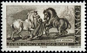 Colnect-3761-685-Stableman-with-Percherons-by-Piotr-Michalowski.jpg