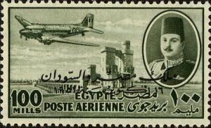 Colnect-4465-355-Aircraft-DC-3-Dakota-over-Nile-Dam--amp--King-Farouk-with-overpr.jpg