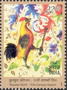 Colnect-540-520-India-France-Joint-Issue---Rooster-Motif-15th-Century-Sketc.jpg