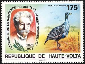 Colnect-1748-740-Albert-Schweitzer-and-Vulturine-Guineafowl-Acryllium-vultur.jpg