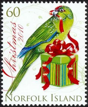 Colnect-3790-935-Green-Parrot-nbsp-Cyanoramphus-cookii-and-present.jpg