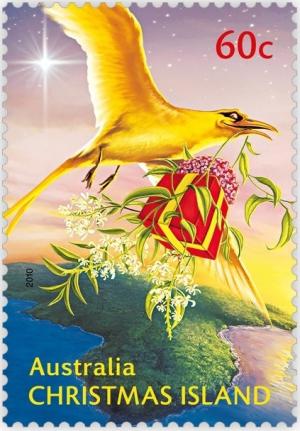 Colnect-667-283-Golden-Bosunbird-delivering-it-s-Christmas-Gift.jpg