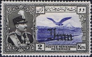 Colnect-1741-831-Rez%C4%81-Sh%C4%81h-Pahlavi-eagle-in-front-of-Alborz-mountains.jpg