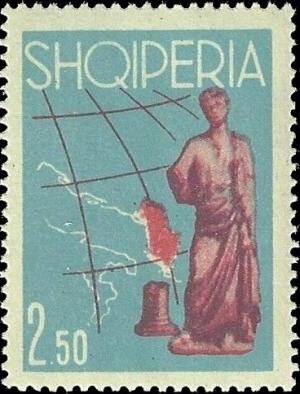 Colnect-5815-588-%E2%80%ADMap-of-Adriatic-Sea-and-Albania-and-Roman-statue.jpg