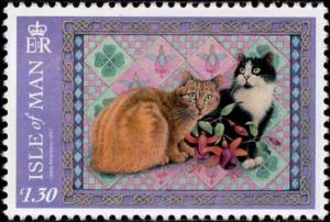 Colnect-5294-271-Ginger-and-Black-and-White-Manx-Cats-on-a-Fuschia-Quilt.jpg